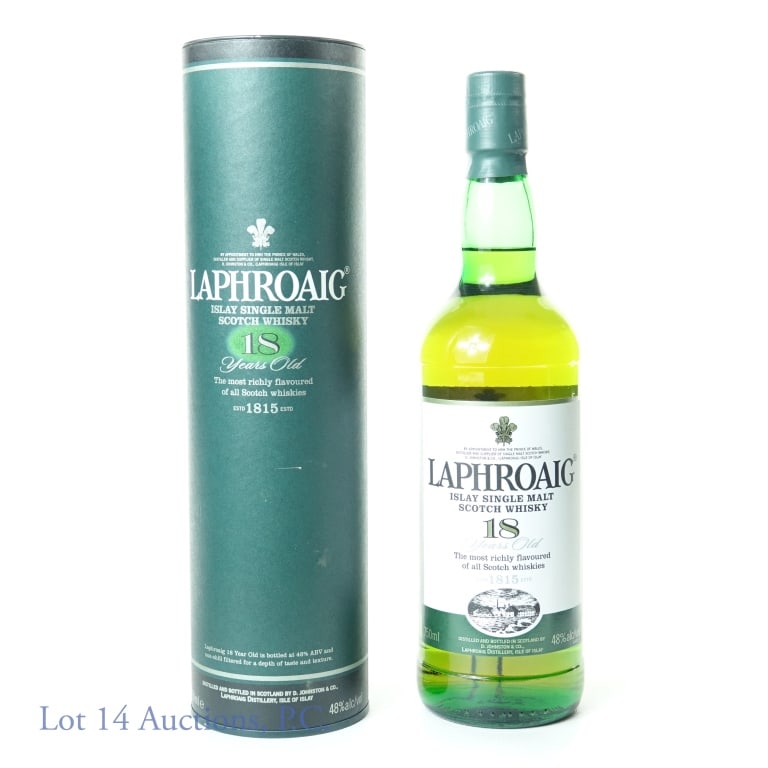 Laphroaig 18 Yr Single Malt Scotch Whisky: Laphroaig Islay Single Malt Scotch Whisky. 18 years. 96 proof. 750 ml. Original canister and literature.