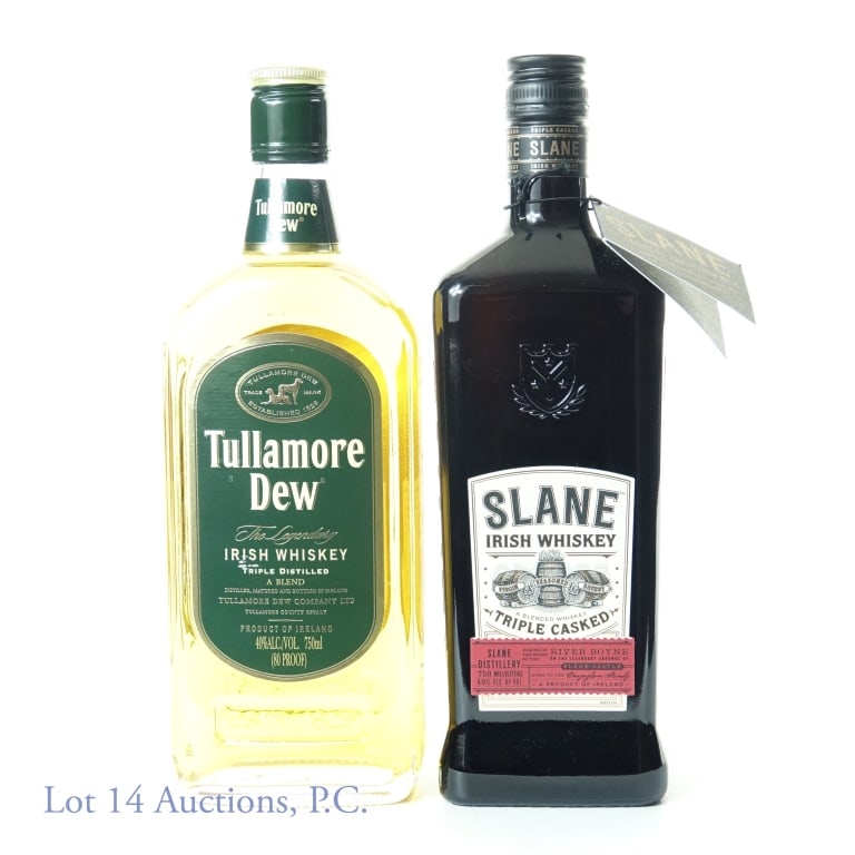 Tillamore Dew and Slane Irish Whiskey: Two bottles: Tullamore Dew The Legendary Irish Whiskey, 80 proof, 750ml. Slane Tripple Casked Irish Whiskey, 80 proof, 750ml.