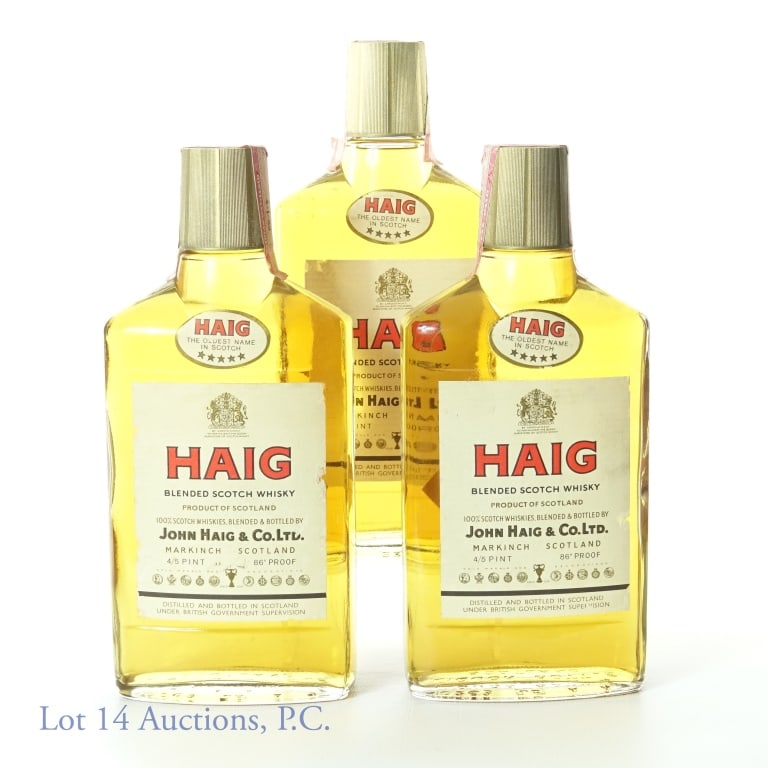 1961-1977 Haig Scotch Whisky 4/5 Pint (3): Three bottles of Haig Blended Scotch Whisky. 86 proof, 4/5 pint. Series 112 Internal Revenue tax strips. Some small tears on trips and wear on edges of label.