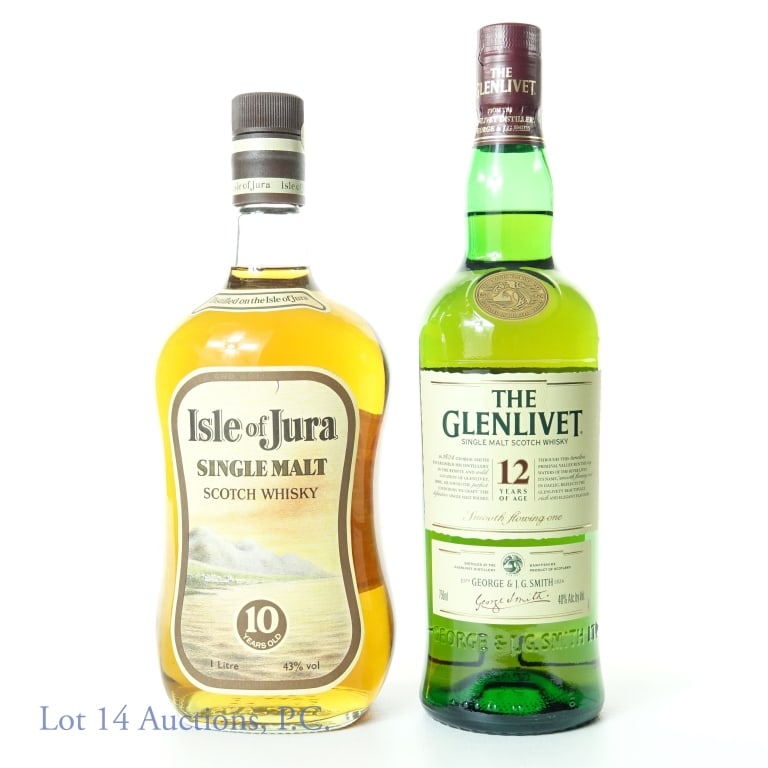 Glenlivet 12 & Isle - Jura 10 Single Malt Scotch: 2018 The Glenlivet single malt Scotch whisky. 12 years. 80 proof. 750 ml. Original box, and arrived still wrapped in tissue paper. ***** Isle of Jura single malt Scotch whisky. 10 years. 86 proof. 1 l