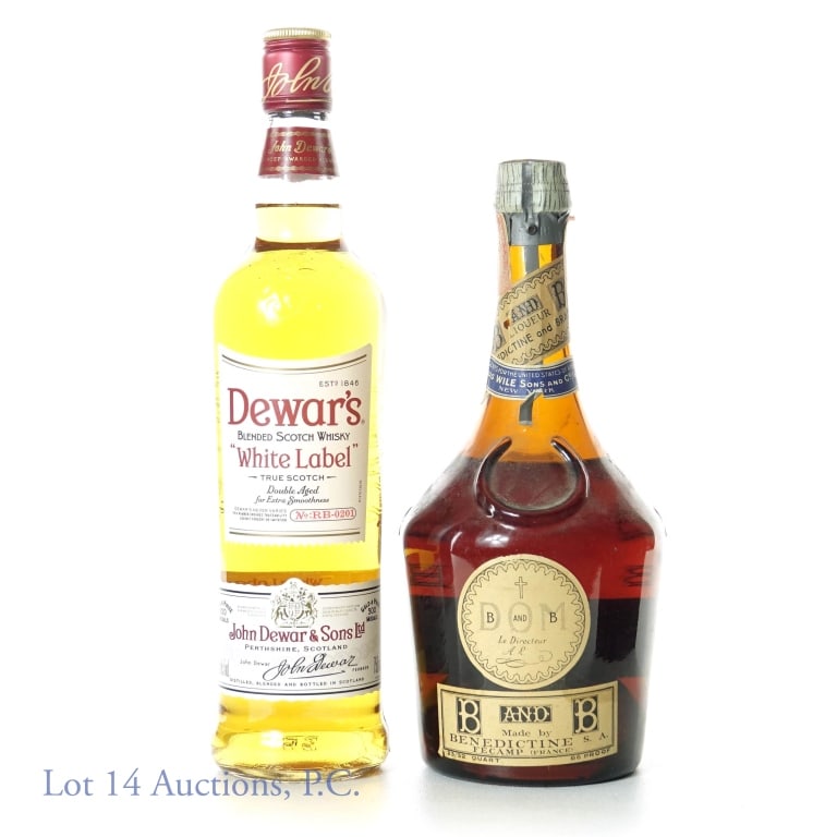 Dewar's White Label Scotch & Dom B & B: Dewar's "White Label" blended Scotch whisky. 80 proof. 750 ml. No. RB-0201. ****** Dom B and B Benedictine. 86 proof. 23/32 quart. Bottle still sealed - remnants of an Internal Revenue tax strip (1960