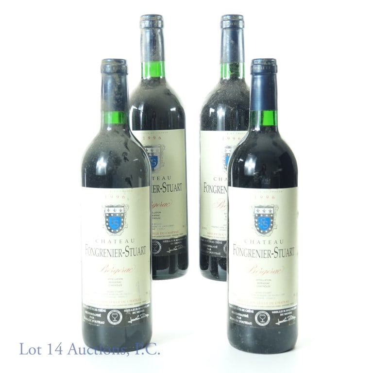 1996 Chateau Fongrenier-Stuart, Bergerac Wine (4): Four bottles of 1996 Chateau Fongrenier-Stuart, Bergerac, France, 12% abv, 750ml. Labels are slightly dirty and a few edges of labels are peeling, see pictures.