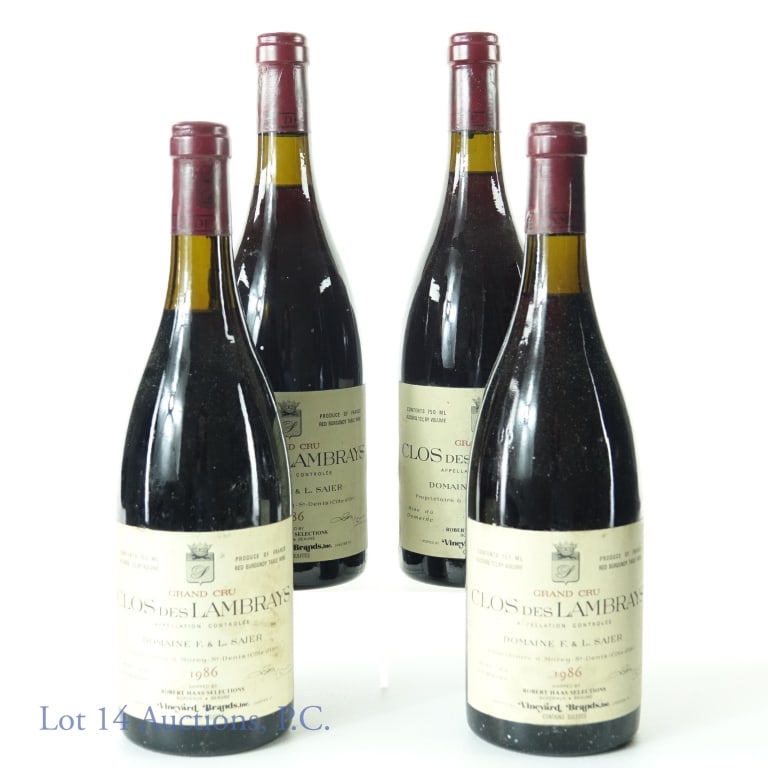 1986 Domaine Clos Des Lambrays Grand Cru Wine (4): Four bottles of 1986 Domain Des Lambrays Clos Des Lambrays Grand Cru, France, red burgundy table wine. Some stains and/or small rips on some labels (see pictures).