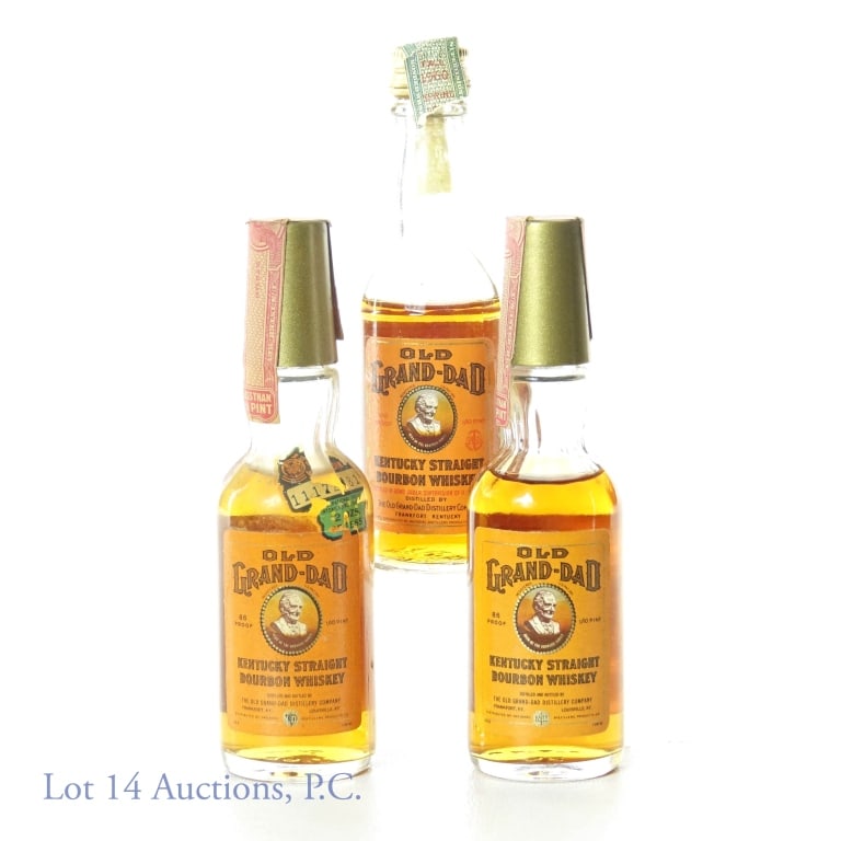Old Grand-Dad Mini Bottles (3): Three (3) bottles of Old Grand-Dad Kentucky Straight Bourbon Whiskey. *** Two (2) bottles: 86 proof, 1 / 10 pint. Series 111 tax strip. One bottle has a Wisconsin tax stamp. *** One (1) bottle: 100 pr