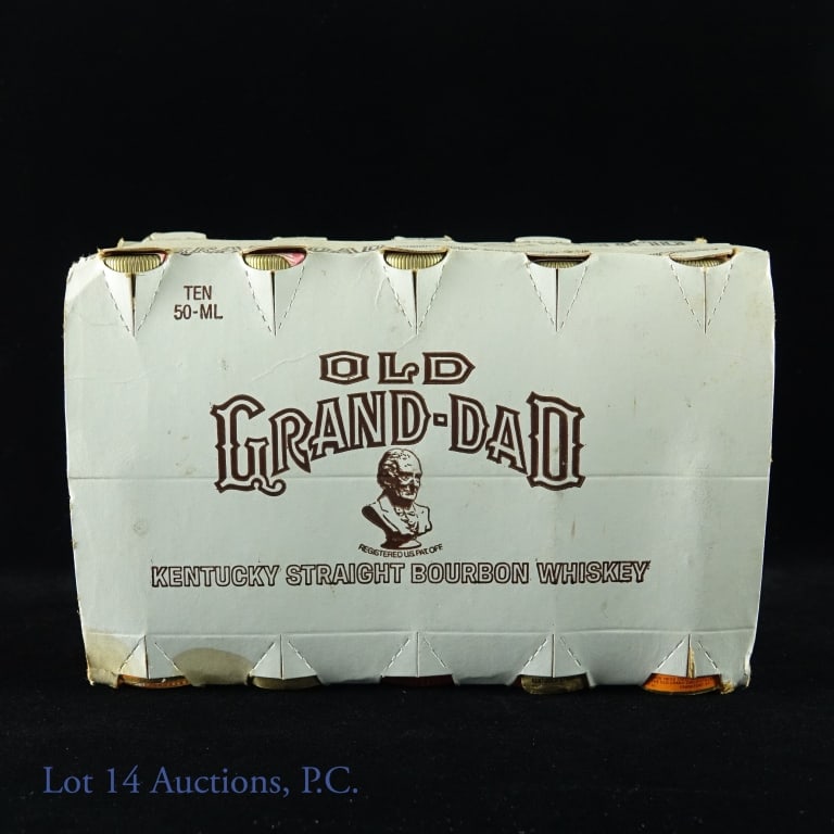 Old Grand-Dad Bourbon (Case of 10 Mini Bottles): Case of 10 mini-bottles of Old Grand-Dad Kentucky straight bourbon whiskey. 86 proof. 50 ml. ATF tax strip - likely 1983-1985. Some labels have detached from bottles, and case has some dirt and staini