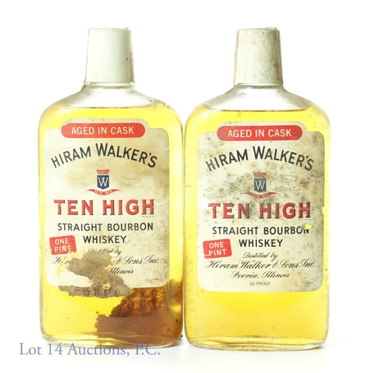 Hiram Walkers Ten High Bourbon - Pint (2): 2 bottles of Hiram Walker's Ten High straight bourbon whiskey. 80 proof. 1 pint. Series 112 (Internal Revenue) tax strips (1960 - 1977). Dirty and dusty (one bottle has cardboard remnants on the back 