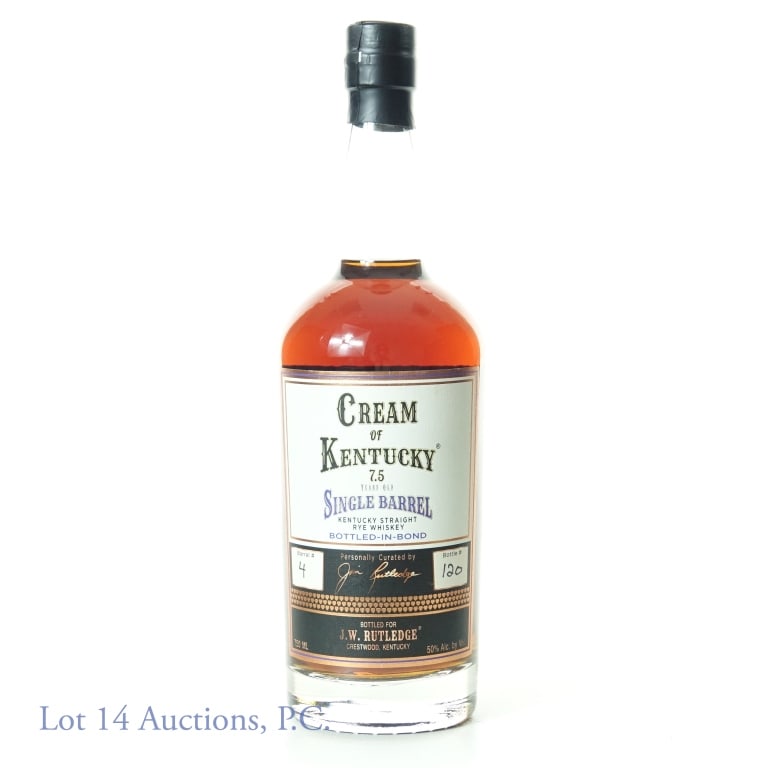 Cream of Kentucky Single Barrel Rye Whiskey BiB: Cream of Kentucky Single Barrel Kentucky Straight Rye Whiskey. 7.5 years old. Barrel #4, bottle #120. Bottled in bond (100 proof), 750ml. Personally curated by Jim Rutledge.