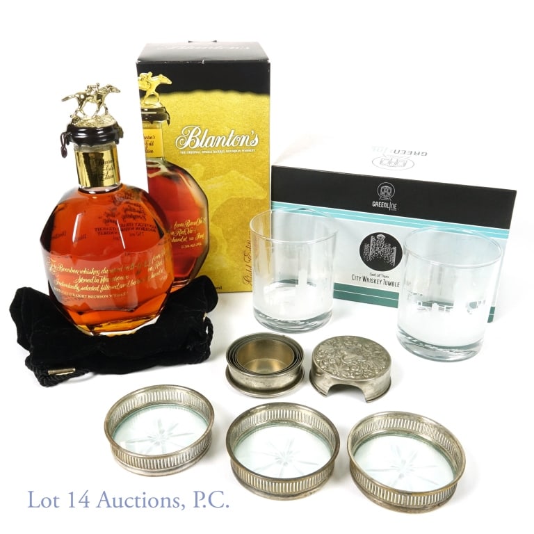2023 Blanton's Gold Bourbon Rare "N:" Topper (Glasses & More): Blanton's Kentucky straight bourbon whiskey - Gold Edition. 103 proof. 750 ml. Dumped on 5-11-23 from barrel No. 978 stored in Warehouse H on Rick No. 29. Bottle No. 174. With rare "N:" bottle topper.