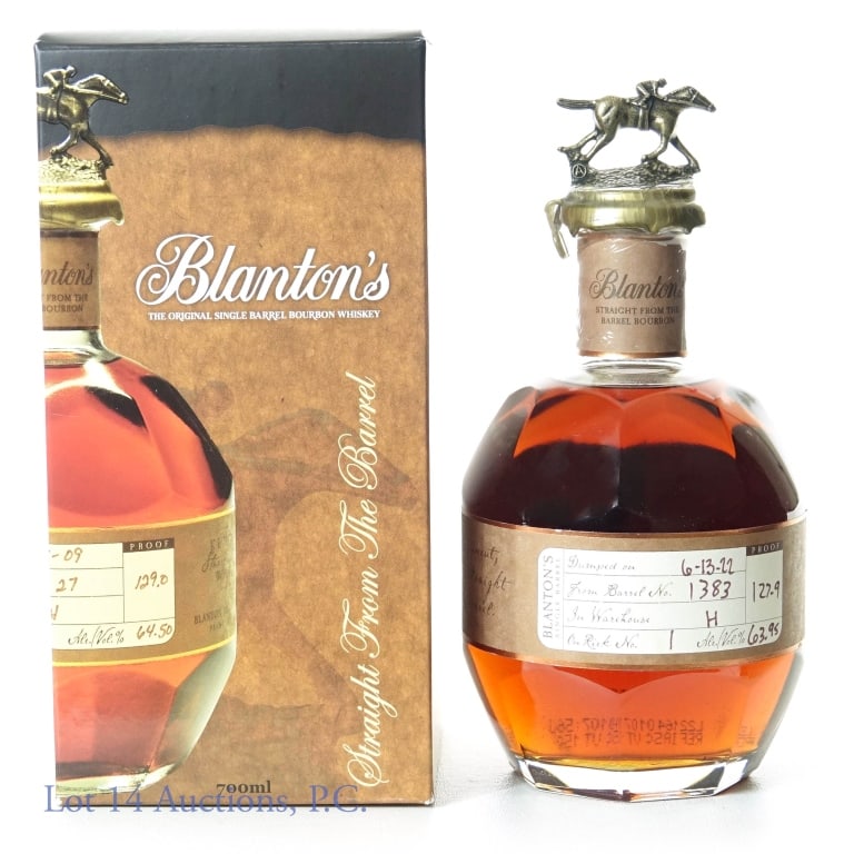 Blanton's Bourbon Straight From the Barrel "A": Blanton's Single Barrel Bourbon Whiskey - Straight from the Barrel. Dumped on 6-13-22, barrel no. 1383, warehouse H, rick no.1, bottle no. 13. 127.9 proof, 700ml. "A" topper, cello present around wax 