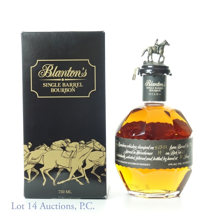 Blanton's Black Single Barrel Bourbon - Japan "B": Blanton's Single Barrel Bourbon, black. Imported from Japan. Dumped 4-13-22, barrel no. 92, warehouse H, rick no. 67, bottle no. 215. 80 proof, 750ml. "B" topper. With original box.