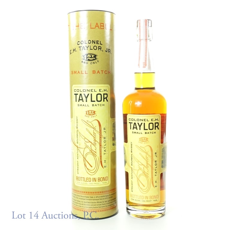 Col. E.H. Taylor Small Batch Bourbon (BiB): Colonel E.H. Taylor small batch straight Kentucky bourbon whiskey. Bottled in bond (100 proof). 750 ml. Etch: L231870107:53D and 08:05123. Original canister. Old Fashioned Copper Distillery.