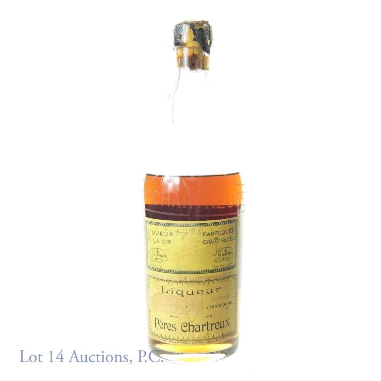 1933 Yellow Chartreuse Peres Chartreux Liqueur: Yellow Chartreuse Liqueur made in Spain. Bottled June 1933. Volume label is faded, but likely states " 1 PINT 1-10 FLUID OZS.". 86 proof. Low shoulder fill. Imported by Schenley Import Corp., N.Y.. St