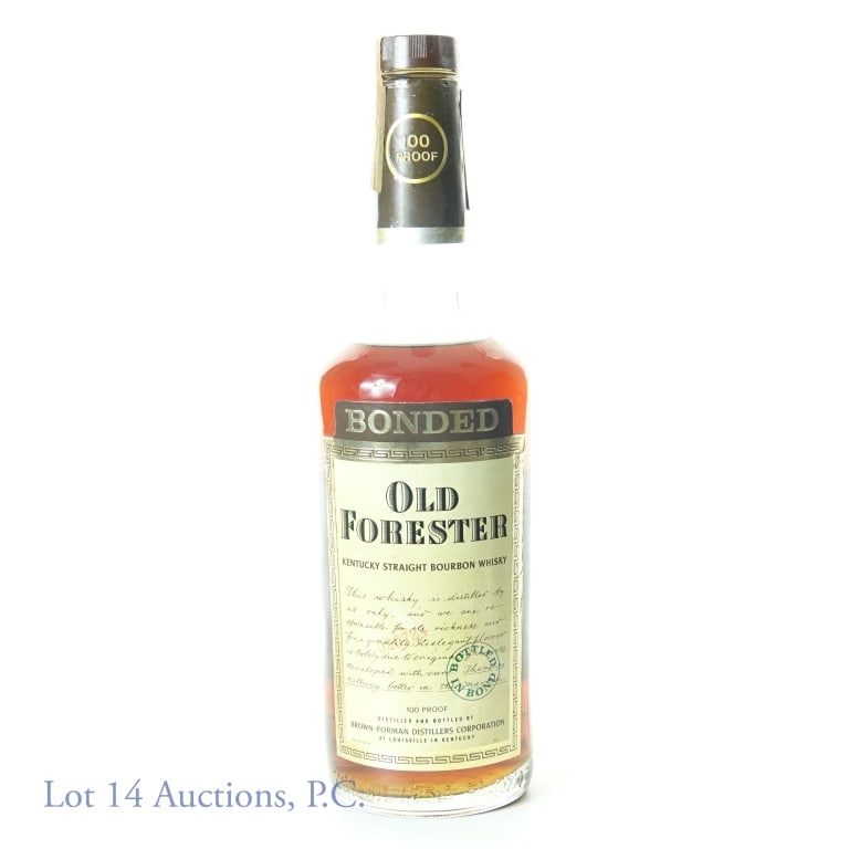 1978 Brown Forman Old Forester Bonded Bourbon: 1978 (78 embossed on bottom, "CJ678" on rear label) Old Forester Bottled in Bond Kentucky Straight Bourbon Whiskey. 100 proof, 750ml. Brown-Forman Distillers. DSP-KY-414. Good shoulder fill.