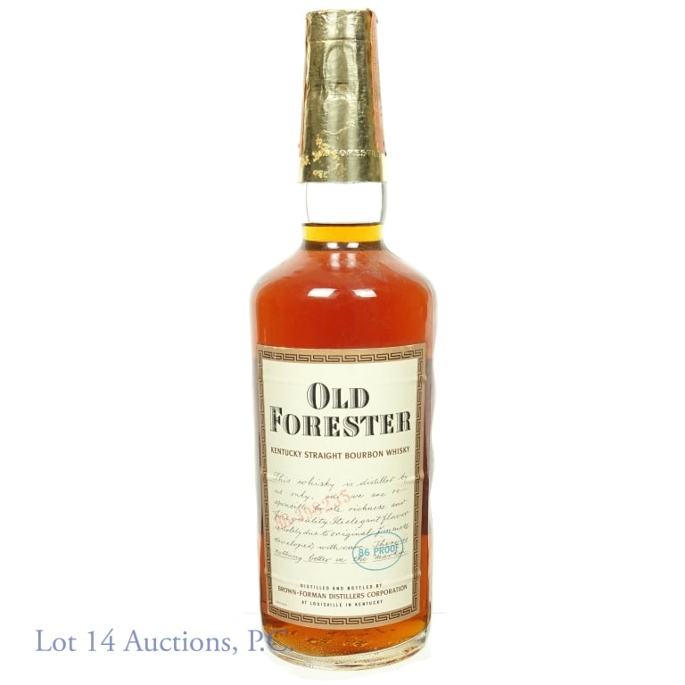 1965 Old Forester KY Bourbon Brown-Forman: 1965 (embossed on bottom and coded on labels) Old Forester Kentucky Straight Bourbon Whiskey, distilled and bottled by Brown-Forman Distillers Corporation, Louisville, Kentucky. 86 proof, 4/5 quart. N