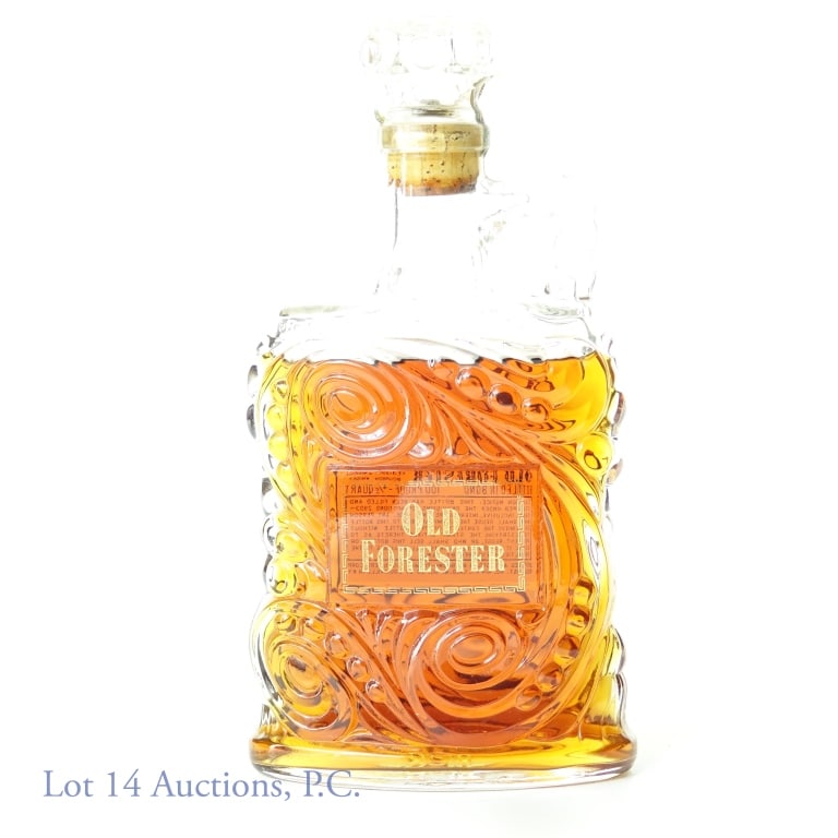 1952 Old Forester Bourbon Guest Decant - BiB: Old Forester Kentucky straight bourbon whiskey - Guest decanter. 4 years (Distilled Spring 1948 - Bottled Fall 1952). Bottled in bond (100 Proof). 4/5 quart. Brown-Forman Distillers. Gold lettering is