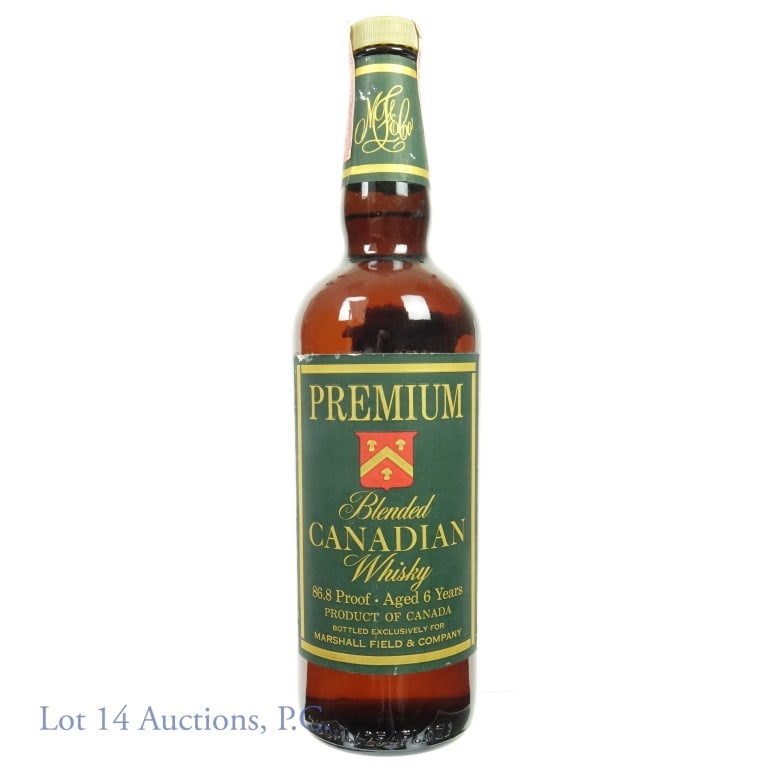 1978 (?) Marshall Field's Premium Canadian Whisky: 1978 (based on "78" embossed on bottom and Series 112 tax strip) Marshall Field's exclusive Premium Canadian Whisky, aged 6 years. 86.8 proof, 750ml.