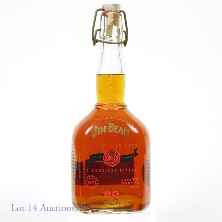 1995 Jim Beam 200th Anniversary 75 Month Bourbon: 1995 75 Month Old Jim Beam 200th Anniversary Bottle Sour Mash Kentucky Straight Bourbon Whiskey. 95 proof, 750ml. Strip is intact on reverse side, torn on the front. No box.