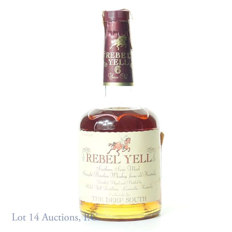 Rebel Yell Bourbon Whiskey (c. 1974) ***: Rebel Yell southern sour mash straight bourbon whiskey from old Kentucky. 6 years. Label has a 1974 date. 90 proof. 4/5 quart. Series 112 (Internal Revenue) tax strip (1960 - 1977) *** NOTE: The tax s