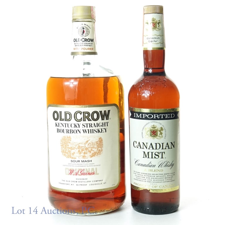 Old Crow Bourbon (1.75 L)* & Canadian Mist Whisky: *** Old Crow is NOT sealed *** Old Crow sour mash Kentucky straight bourbon whiskey. 80 proof. 1.75 liters. Series 112 (ATF) tax strip (1977 - 1982). See photo for fill level. ****** Canadian Mist ble