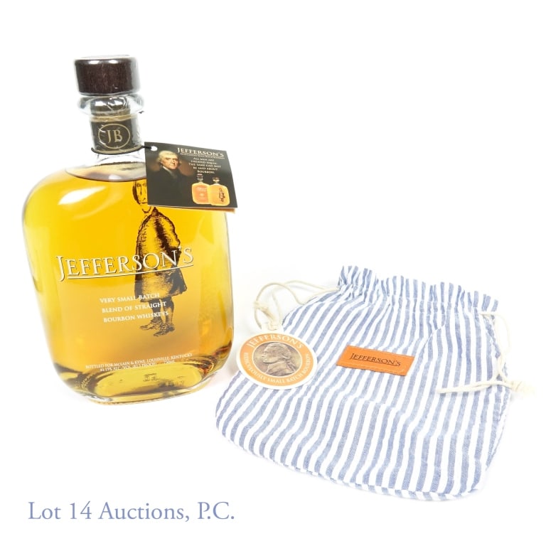 Jefferson's Very Small Batch Bourbon Whiskey: Jefferson's Very Small Batch Blend of Straight Bourbon Whiskeys. 82.3 proof, 750ml. With original bag and neck tag.
