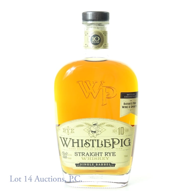 WhistlePig Straight Rye 10 Yr. Ryan's Fine Wine: WhistlePig 10 year old Straight Rye Whiskey. Single Barrel. Bottled exclusively for Ryan's Fine Wine & Spirits. 112.8% abv, 750ml.