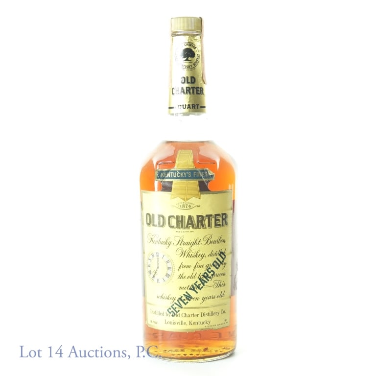 Old Charter Bourbon - 1960s/70s Quart: Old Charter Kentucky straight bourbon whiskey. 7 years. 86 proof. 1 quart. Series 112 (Internal Revenue) tax strip (1960 - 1977). Dirty and dusty - light damage to top of front label.