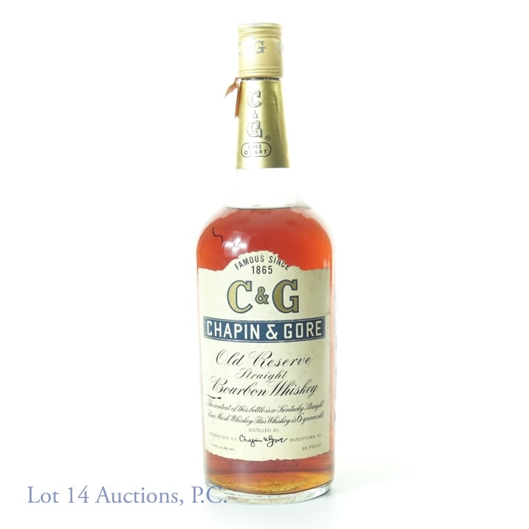 C & G Old Reserve Bourbon (Quart): Chapin & Gore (C & G) Old Reserve Kentucky straight sour mash bourbon whiskey. 86 proof. 1 quart. We believe the remnants of a Series 112 (Internal Revenue) tax strip (1960 - 1977).