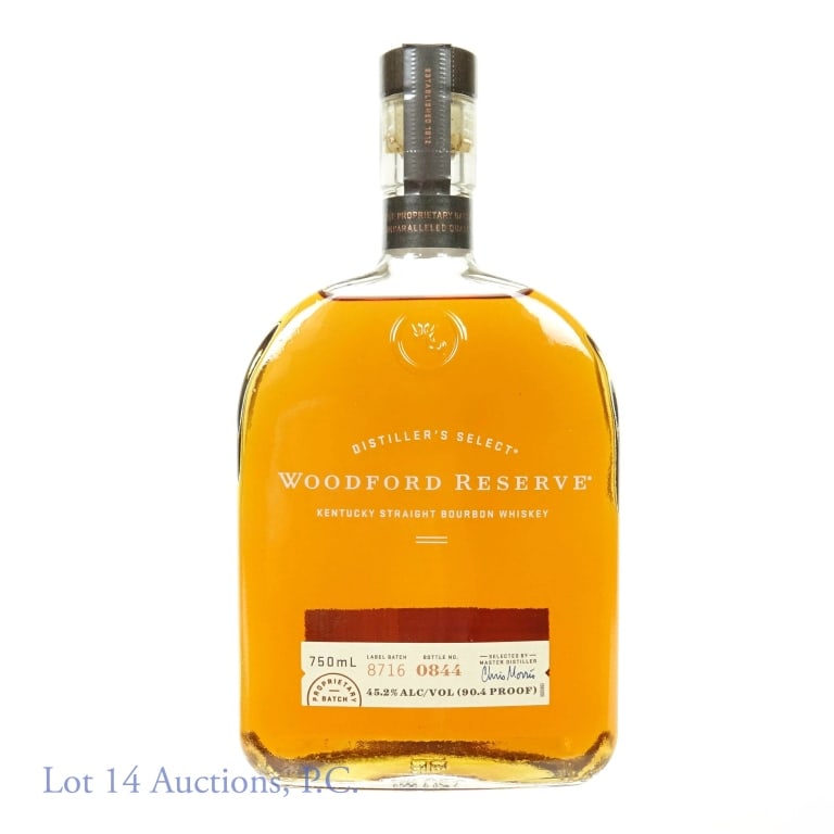 Woodford Reserve Distiller's Select, C. Morris MD: Woodford Reserve Distiller's Select Kentucky Straight Bourbon Whiskey. Chris Miller Master Distiller (pre-2023). Label batch 8716, Bottle No. 844. 90.4 proof, 750ml. Good fill and celo.