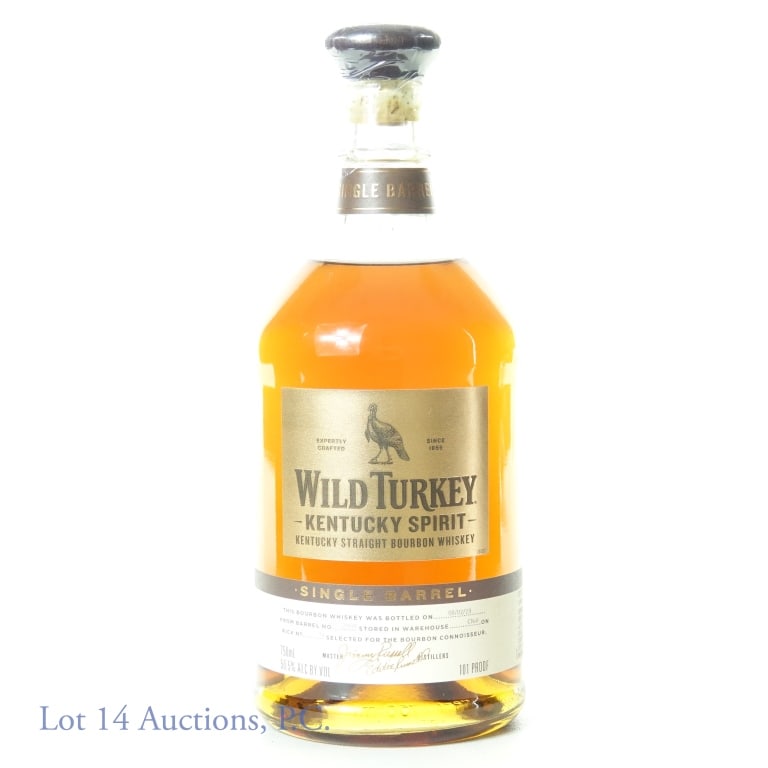 2023 Wild Turkey Kentucky Spirit Bourbon: Wild Turkey Kentucky Spirit Kentucky straight bourbon whiskey. 101 proof. 750 ml. Bottled 8/02/23 from barrel No. 2968 stored in warehouse CN-F on rick No. 39. Etch: L/LH021447 2023/08/02 B2968 D0063.