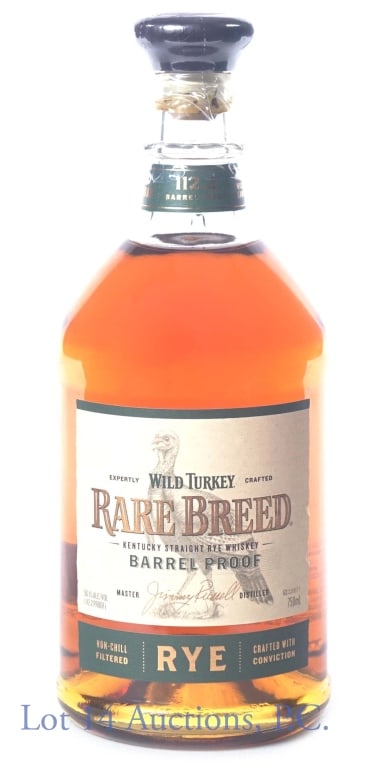 Wild Turkey Rare Breed Barrel Proof Rye: Wild Turkey "Rare Breed" Kentucky straight rye whiskey - barrel proof. 56.1% abv. 112.2 proof. 750 ml. No. 4 Char. Wild Turkey Distilling Co.