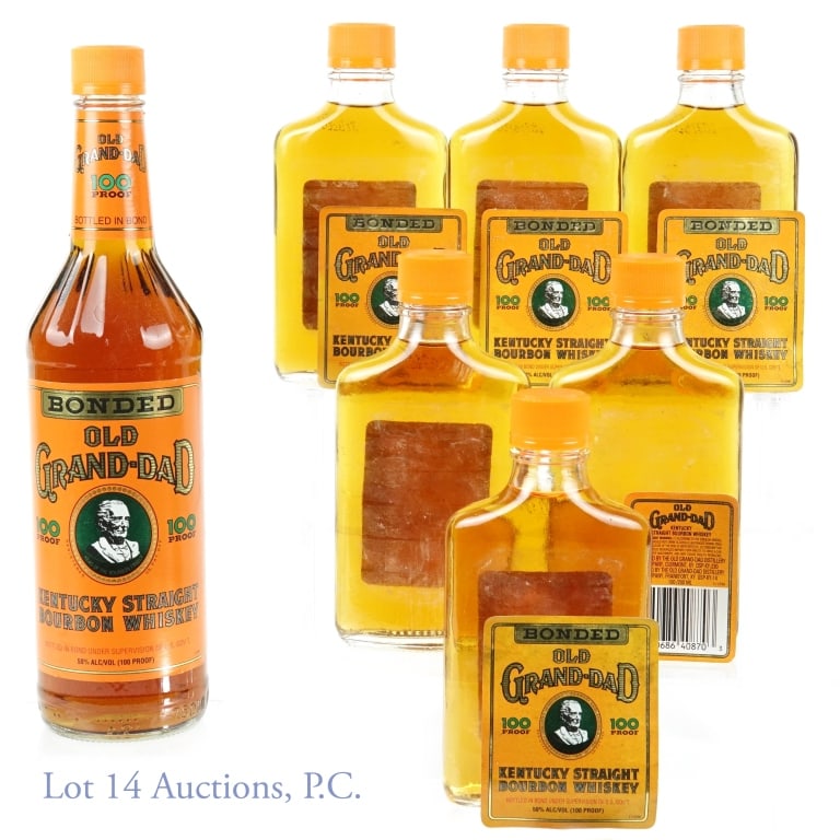 Old Grand-Dad Bourbon 1x750, 6x200ml: Seven bottles of Old Grand-Dad Bourbon. One (1) 750ml. Six (6) 200ml bottles. All are 100 proof and 1994 / 1995.