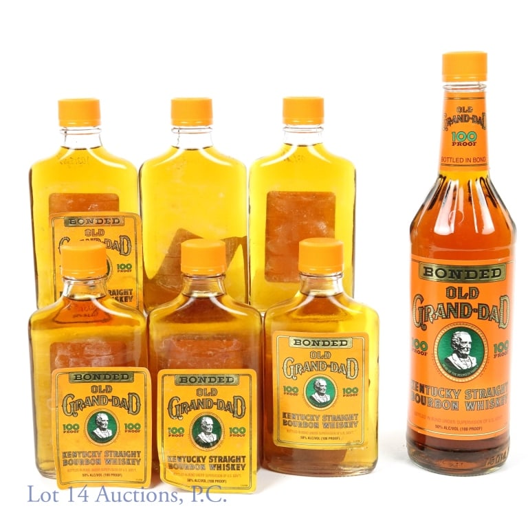 Old Grand-Dad Bourbon 1x750, 6x200ml (7): Seven bottles of Old Grand-Dad Bourbon. One (1) 750ml. Six (6) 200ml bottles. All are 100 proof and 1994 / 1995.