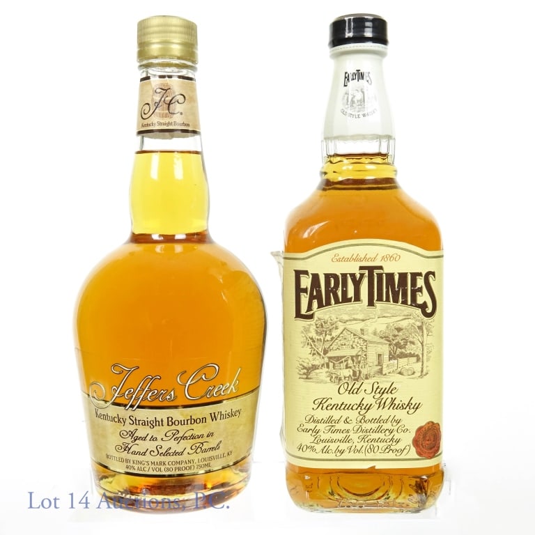 Early Times and Jeffers Creek Kentucky Whisky: Two bottles: Early Times Old Style Kentucky Whisky, 80 proof, 750ml. Jeffers Creek Kentucky Straight Bourbon Whiskey, 80 proof, 750ml.