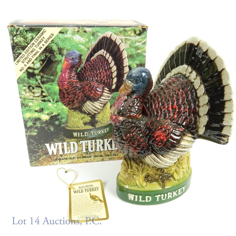 Signed Wild Turkey Bourbon (Strutting Turkey #8 Decanter): Austin Nichols Wild Turkey Kentucky straight bourbon whiskey. 8 years. 101 proof. 750 ml (25.4 fl oz). Series 112 (Internal Revenue) tax strip (1960 - 1977). Decanter #8 from 1971 - 1978 series. Origi