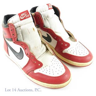 1985 Nike Air Jordan I Basketball Shoes (S 10): Original 1985 Nike Air Jordan 1 NBA Basketball Sneakers (Size 10) (Red-White Colorway). Designed by Peter Moore, Tinker Hatfield & Bruce Kilgore. Released in April 1985. Probably the most iconic piece