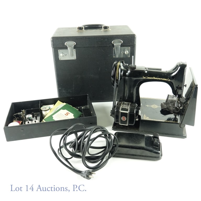 1949 Singer Featherweight Sewing Machine: Singer Featherweight Sewing Machine, in original case. Works. Catalog 3-120. Some accessories included - please see photos. Familiar odor of grandma's basement - but not an offensive or mold-heavy sme