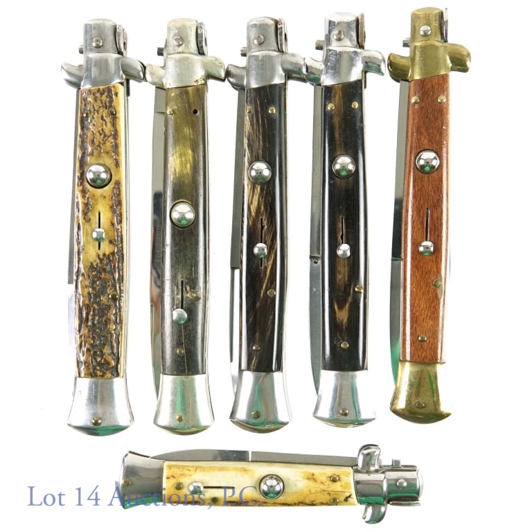 Automatic Open Knife Collection - Italy (6) *: Six automatic knives, all believed to be Italian made. Stag handle knife 4" edge, 5" blade, 6" handle, marked "Stiletto Siciliano". Bone handle knife 4.25" edge, 5" blade, 6" handle, marked "M. Italy"