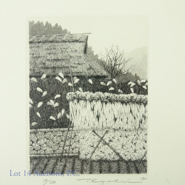 Tanaka Ryohei (1933-2019) Signed B&W Etching: Tanaka Ryohei (Japan, 1933-2019) pencil signed, limited edition black and white etching of a subject in the Japanese countryside. Hand signed in pencil, lower right, with"'80". "19/150" in pencil lowe