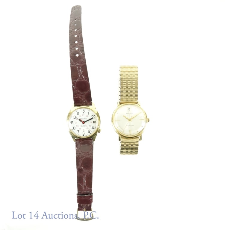 1972 Bulova Railroad & Benrus Automatic Watches: Two men's watches. 1972 Bulova Railroad watch with 14k gold filled case (33.4mm) - not running, may be battery, but untested and not serviced. Benrus Self-winding date watch, runs when charged (33.7mm