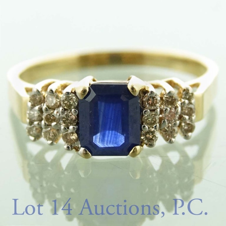 Le Vian 14k Diamond and Sapphire Ring: 14k yellow gold ring with one, 1ct sapphire and eighteen, .01ct diamonds (.18ct total). Size10.5. Total weight: 3.8g / 2.5dwt.