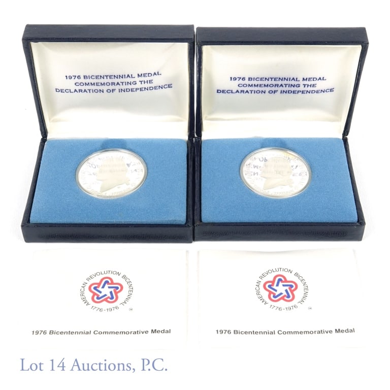 1976 Bicentennial Sterling Silver Medals (2): 2 medals featuring Thomas Jefferson / Declaration of Independence commemorative medals rendered in sterling silver. Original flip boxes and literature.
