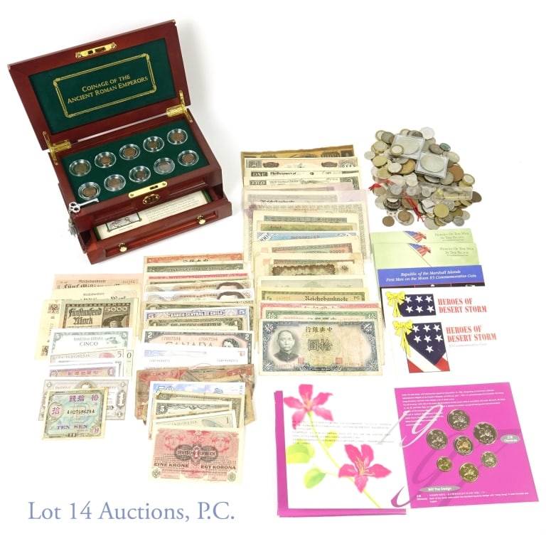 World Coins: Collection of 10 Roman coins in a wooden display case (approx. 9" x 5.25" x 3.5") - some damage to front left corner. 2 Desert Storm commemorative coins issued by the former Hutt River Province - an u