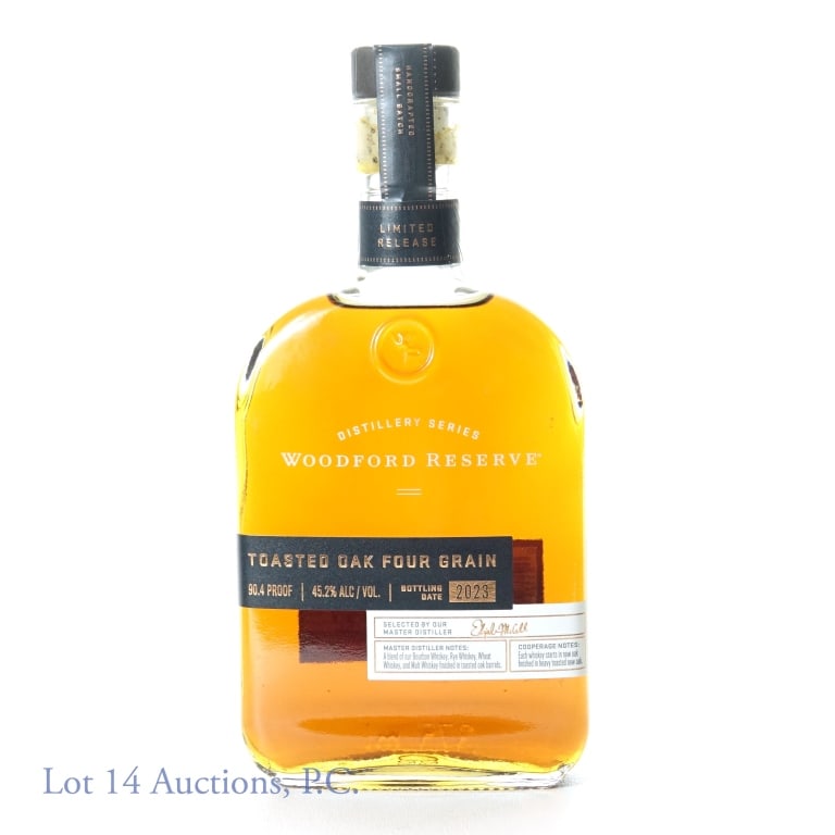 2023 Woodford Reserve Toast Oak 4 Grain Distillers: 2023 Woodford Reserve Toasted Oak Four Grain Blended Bourbon & Whiskey - Distiller's Series. 45.2% ABV (90.4 proof). 375 ml. "A blend of bourbon whiskey, rye whiskey, wheat whiskey, and malt whiskey f
