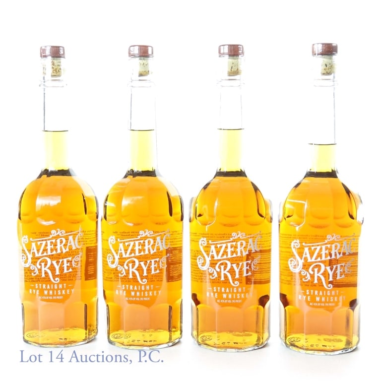 Sazerac Rye Whiskey (4): Four bottles of: Sazerac Rye straight rye whiskey, 90 proof, 750 ml, distilled, aged, and bottled by Buffalo Trace Distillery, Frankfort, KY.