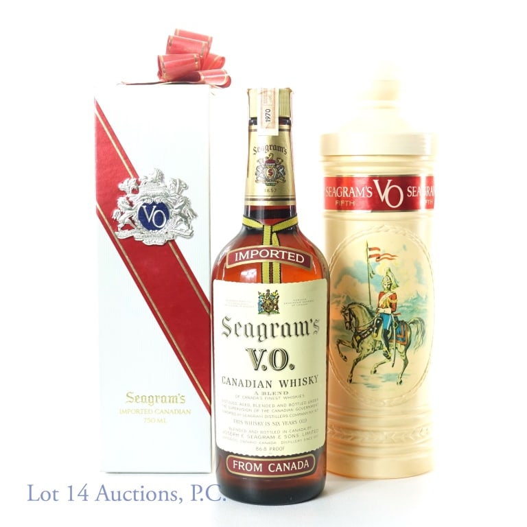 Seagram's V.O. 1970 and Seagram's V.O. Imported: Seagram's V.O. Canadian Whisky, 1970, 6 years old, 4/5 quart, 86.8 proof. Tax strip Series 112 (Internal Revenue)***Seagram's V.O. Imported Canadian whisky, 750ml, 86 proof. Original gift box is unope