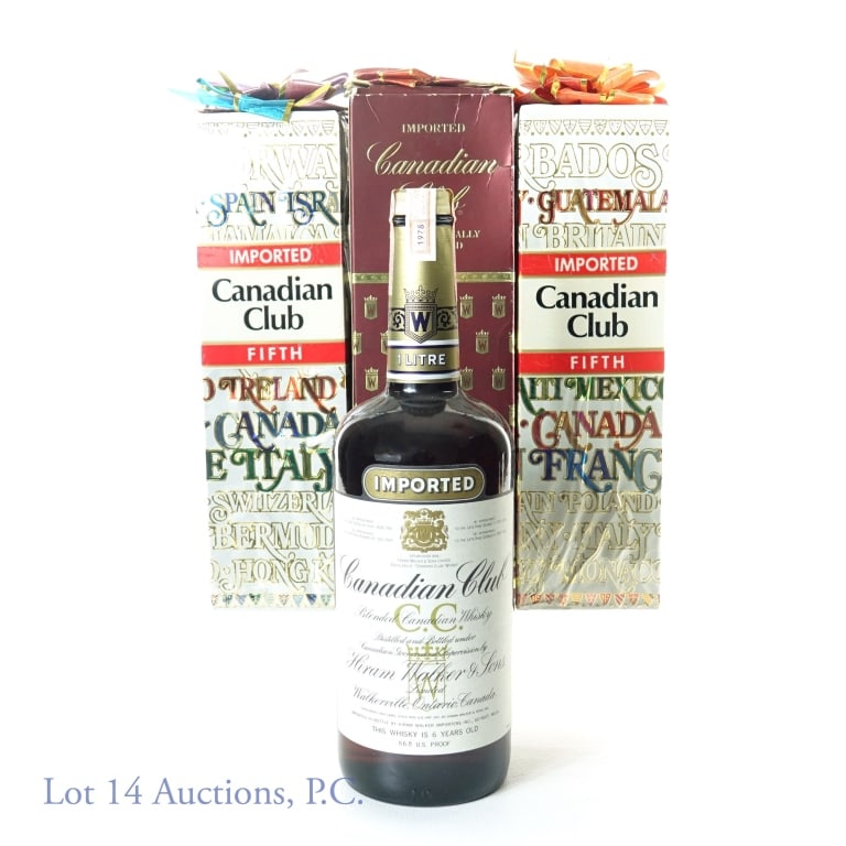 Canadian Club Blend Whisky and 1978 Canadian Club: Two (2) bottles of Imported Canadian Club blend whisky, 86 proof, 4/5 Quart. 6 years old. Holiday box is wrapped and unopened. *** Canadian Club 6 years old whisky, 1978, 1L, 86.8 proof. Non-Series AT