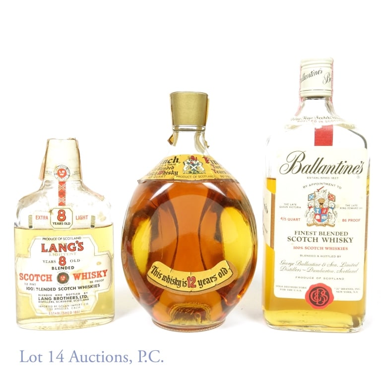 Pinch 12 Yr., Lang's 8 Yr., Ballantine's Scotch, 3: Three bottles of Scotch Whisky. Pinch 12 year old Scotch, 86 proof, 4/5 quart, good fill. Lang's 8 year old Scotch Whisky, 86 proof, 1/2 pint, LOW FILL. Ballantine's Scotch Whisky, 86 proof, 4/5 quart