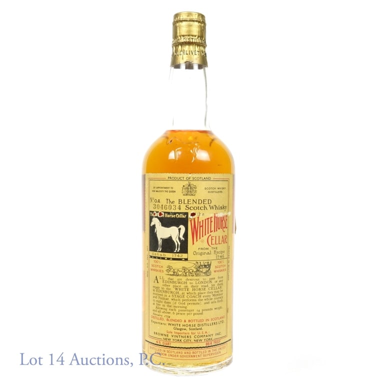 White Horse, Islay & Glenlivet Scotch Whisky: White Horse Scotch Whisky, White Horse Distillers, Ltd., Islay and Glenlivet District. 86.8 proof, 4/5 quart, with spring cap. No. OOA 3046034.