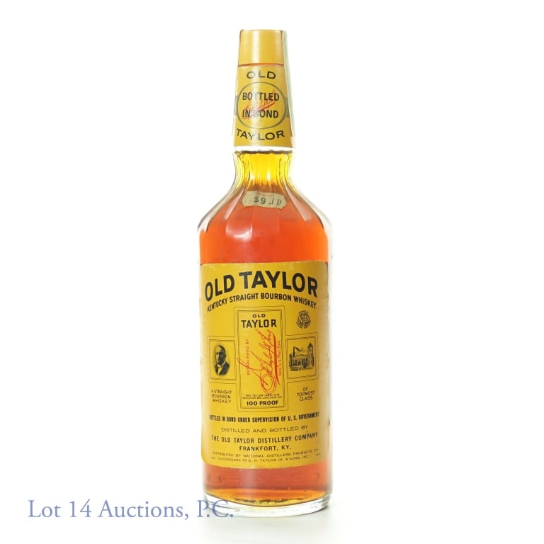 Old Taylor Bourbon BiB (1972 - 1980): Old Taylor Kentucky straight bourbon whiskey. Barreled Spring 1972 - Bottled Fall 1980. Bottled in bond (100 proof). 750 ml (25.4 fl oz).