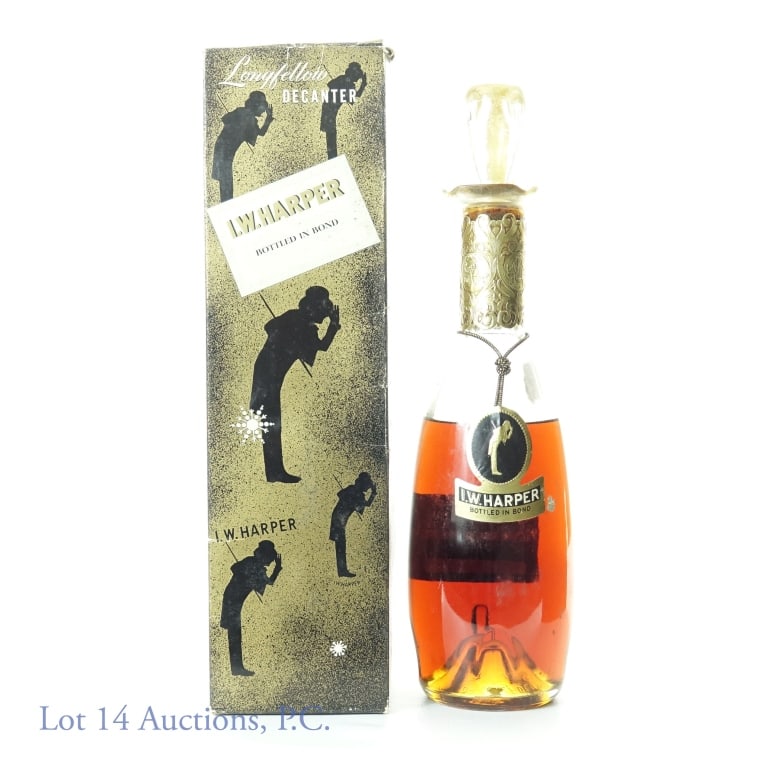 I.W. Harper Bourbon - BiB Longfellow Decanter: I.W. Harper Kentucky straight bourbon whiskey, Barreled Fall 1950 - Bottled Fall 1955. Bottled in bond (100 proof). 4/5 quart. *** Low fill (just below top of front label) ***. Longfellow decanter in 